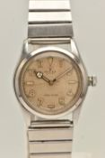 A GENTS 'ROLEX OYSTER PRECISION' STAINLESS STEEL WRISTWATCH, circa 1940s, round discoloured dial