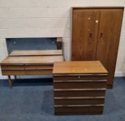 THREE PIECES OF MID-CENTURY TEAK BEDROOM FURNITURE, to include an albro double door wardrobe, an