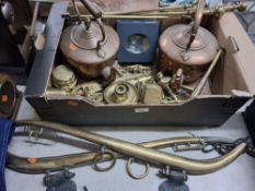 ONE BOX AND LOOSE OF BRASS AND COPPER WARES to include a small far eastern teapot, two copper