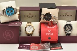 FOUR WRISTWATCHES, to include three boxed 'Accurist' wristwatches and one 'Swiss Military Hanowa'