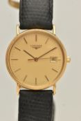 A 'LONGINES' WRISTWATCH, quartz movement, round gold tone dial, baton markers, date aperture at