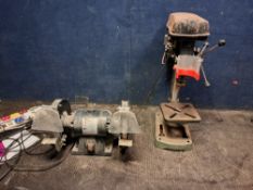 A TOP CRAFT TCSB512 TABLE TOP PILLAR DRILL 62cm total height and an unbranded bench grinder (both