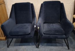 A PAIR OF DARK BLUE DUNELM ARMCHAIRS, raised on metal legs Dimensions:width 74cm x depth 80cm x
