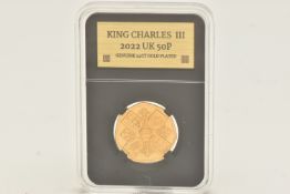 An encapsulated 2022 King Charles III UK 50p 24kt Gold Plated