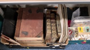 TWO BOXES OF BOOKS, MAPS, CIGARETTE CARDS, TOYS AND COINS to include the 'Works of Robert Burns'