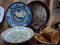 A GROUP OF SLIPWARE, comprising an unmarked wall hanging candle holder, dated 1979 and decorated