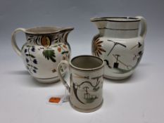 A GROUP OF LATE 18TH/EARLY 19TH CENTURY PEARLWARE, comprising a jug painted with assorted farming