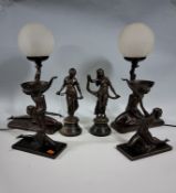 COLLECTION OF BRONZE FIGURES AND BRONZED ITEMS, to include a pair of vintage French bronze figures -
