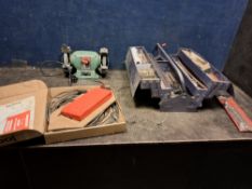 A METAL TOOLBOX, A BENCH GRINDER AND A WINCH, including a NuTool grinder (PAT pass and working), a
