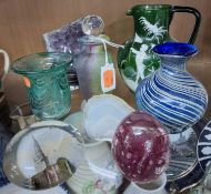 A GROUP OF GLASS WARES, comprising a blue and tan striped vase by Gerry Reilly at the Melting Pot