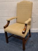 A GOLD AND FOLIATE UPHOLSTERED GAINSBOROUGH CHAIR, with open armrests Dimensions:width 61cm x