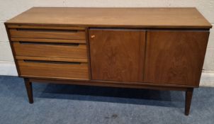 A SMALL MID-CENTURY TEAK SIDEBOARD, fitted with three graduated drawers and double cupboard doors,