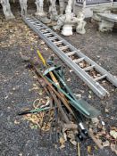 A SELECTION OF GARDEN TOOLS, to include spades, forks, rakes, etc, along with a double aluminium