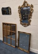FOUR WALL MIRRORS, varying in shape, size, style, material, etc Dimensions:largest mirror 110cm x