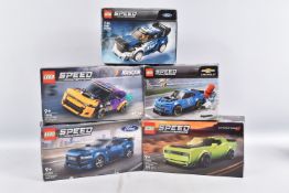 FIVE BOXED AND SEALED SPEED CHAMPIONS LEGO SETS, to include a Ford Mustang Dark Horse ref 76920