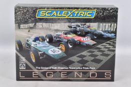 A BOXED SCALEXTRIC LEGENDS THE GENIUS OF COLIN CHAPMAN TEAM LOTUS TRIPLE PACK, No.C4184A, limited