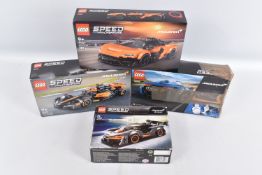 FOUR BOXED MCLAREN SPEED CHAMPIONS LEGO SETS, to include a 2023 McLaren Formula 1 Car ref 76919