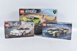 THREE BOXED AND SEALED SPEED CHAMPIONS LEGO SETS, to include a Lamborghini Countach ref 76908 set is