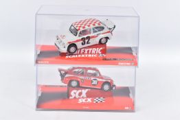 TWO BOXED AND SEALED SCALEXTRIC 1:32 SCALE SLOT CAR MODEL VEHICLE, a Fiat Abarth 1000 in grey body