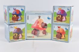 A COLLECTION OF FIVE BOXED COLLECTIBLE SCHLEICH PEYO SMURF MUSHROOM COTTAGES, to include a 1994 blue
