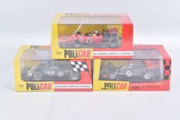 THREE BOXED AND SEALED POLICAR SLOT CAR MODEL VEHICLES, to include a CAR04f 701 N.18 Spanish GP 1970