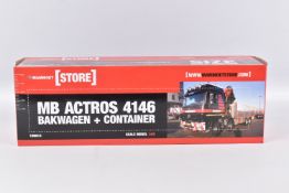 A BOXED 1:50 SCALE WSI COLLECTIBLES MAMMOET MB ACTROS 4146 BACKWAGEN AND CONTAINER MODEL,