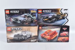 FOUR BOXED AND SEALED LEGO SETS, to include a Lego Speed Champions Time Machine from Back to the