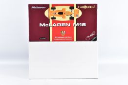 A BOXED CAROUSEL 1 MCLAREN M16 1:18 SCALE MODEL VEHICLE, Mclaren M16 Number 3 Johnny Rutherford