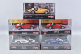 FIVE BOXED AND SEALED CARTRIX GRAND PRIX LEGENDS SLOT CARS WITH CARTRIX MICROFIBER CLOTH, to include