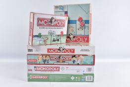 SIX MONOPOLY BOARD GAMES, to include five factory sealed games, a Hasbro Parker My Monopoly, a