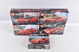 FIVE BOXED AND SEALED FERRARI SPEED CHAMPIONS LEGO SETS, to include a Ferrari 812 Competizione ref