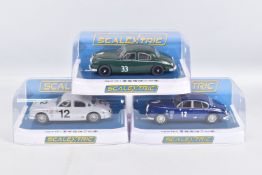 THREE BOXED SCALEXTRIC 1:32 SLOT CAR MODEL VEHICLES, to include a Jaguar MK1 BUY1 Goodwood 2021