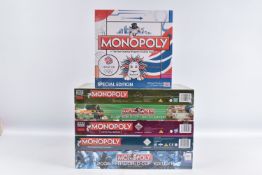 SIX MONOPOLY SPORTS RELATED BOARD GAMES, to include a Hasbro Team GB Olympics, a Parker 2006 Fifa