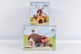 TWO BOXED COLLECTABLE SCHLEICH PEYO SMURFS PLAYSETS, to include a 1994 Smurfs Windmill playset