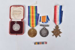 A WWI 1914-1915 TRIO OF MEDALS AND A BOXED WILNECOTE TRIBUTE MEDAL, the WWI medals are correctly