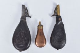 THREE VICTORIAN ERA POWDER FLASKS, the small brass flask does not have markings, the two larger