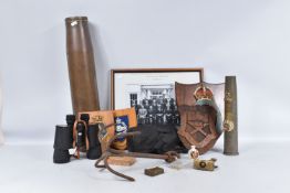 TWO BOXES OF ASSORTED MILITARY ITEMS CONNECTED TO ARMY AND NAVY, to include brass shells, a