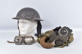 A WWII CIVILIAN STEEL HELMET, GAS MASK, AND A PAIR OF GOGGLE, the helmet has a chin strap and liner,