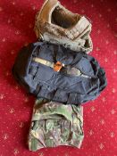 A SELECTION OF MILITARY HELMETS AND BODY ARMOUR, to include a MK6 and MK7 helmet, an assortment of