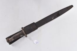 A VINTAGE WWI ERA BAYONET WITH SCABBARD AND FROG, the blade is in need of a clean, the handle has