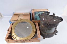 A QUANTITY OF MILITARY AND SHIP RELATED ITEMS, to include a small brass spitfire type plane, a small