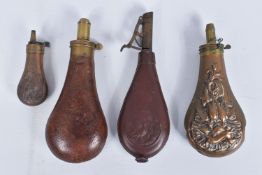FOUR ASSORTED VICTORIAN ERA POWDER FLASKS, to include a leather and brass flask with birds on each
