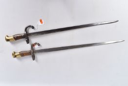 A PAIR OF FRENCH 1874 GRAF SWORD BAYONETS, the top edges of the blades are dated 1876 and 1880, they