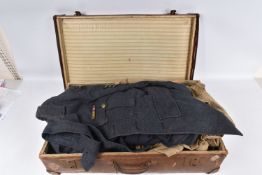 A CASE CONTAINING VARIOUS ITEMS OF MILITARY CLOTHING, HATS AND BELTS, to include an RAF jacket