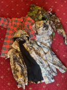 A QUANTITY OF HUNTING AND OUTDOOR PERSUITS CLOTHING, to include a camoflage jacket and matching