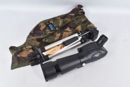 A MODERN OPUS 96-12500 MONOCULAR SPOTTING SCOPE with its tripod and canvas carry bag, this appears