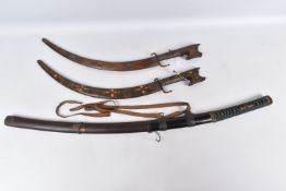A MODERN SAMURAI SWORD AND TWO VINTAGE AFRICAN SWORDS, the Samurai has wear to the blade, but the