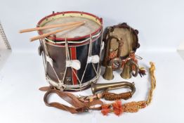 A MILITARY STYLE DRUM, TAMBOURINE, AND BUGLES, the drum does not have any military markings, so