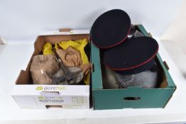 AN ASSORTMENT OF MILITARY HATS AND HELMETS, these include two peaked caps without insignia, two