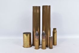 A COLLECTION OF BRASS SHELLS AND TWO INERT BULLETS, the tallest shell is 38cm in height and the